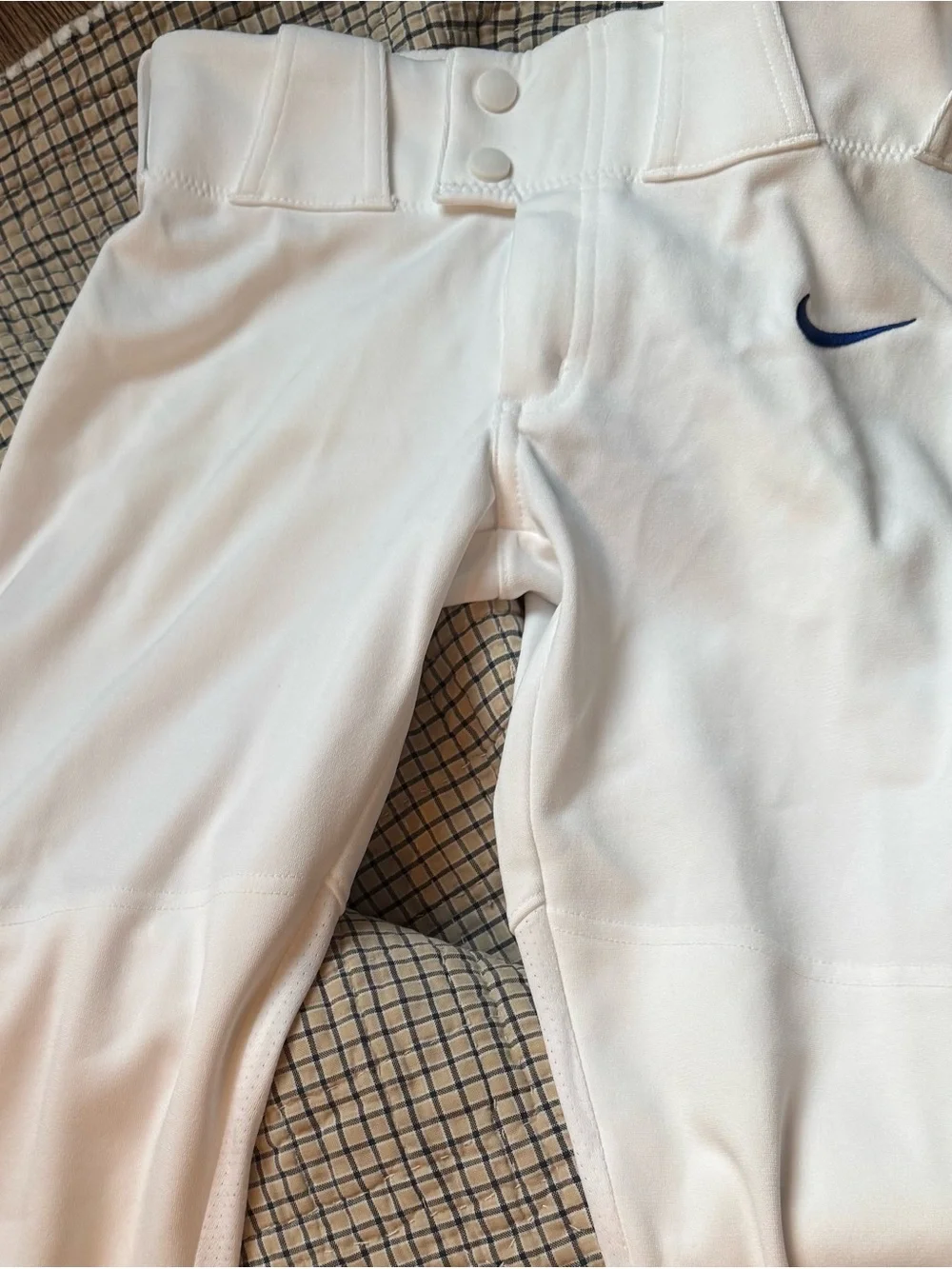 Nike White Kids Baseball Pants with Navy Swoosh & Piping